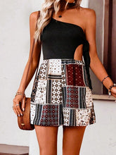 Load image into Gallery viewer, Victoria Patchwork Print One Shoulder Cut Out Tie Side Romper
