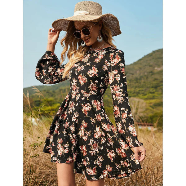 Andrea Flare Sleeve Mid-Waist O Neck Floral Mini Dress