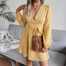 Load image into Gallery viewer, Tiffany Floral Deep V-Neck Front Tie Yellow Mini Dress
