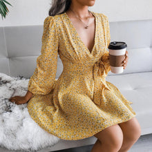 Load image into Gallery viewer, Tiffany Floral Deep V-Neck Front Tie Yellow Mini Dress
