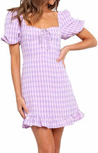 Load image into Gallery viewer, Brianna Casual Daily Violet Plaid Bowknot Puff Sleeves Mini Dress
