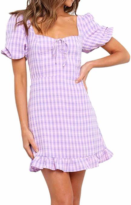 Brianna Casual Daily Violet Plaid Bowknot Puff Sleeves Mini Dress