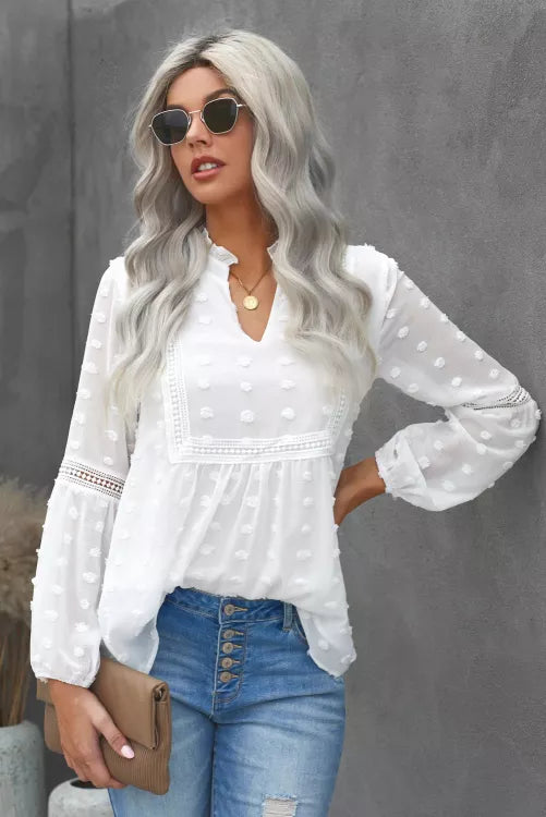 SWISS DOT V-NECK WHITE PEPLUM BLOUSE